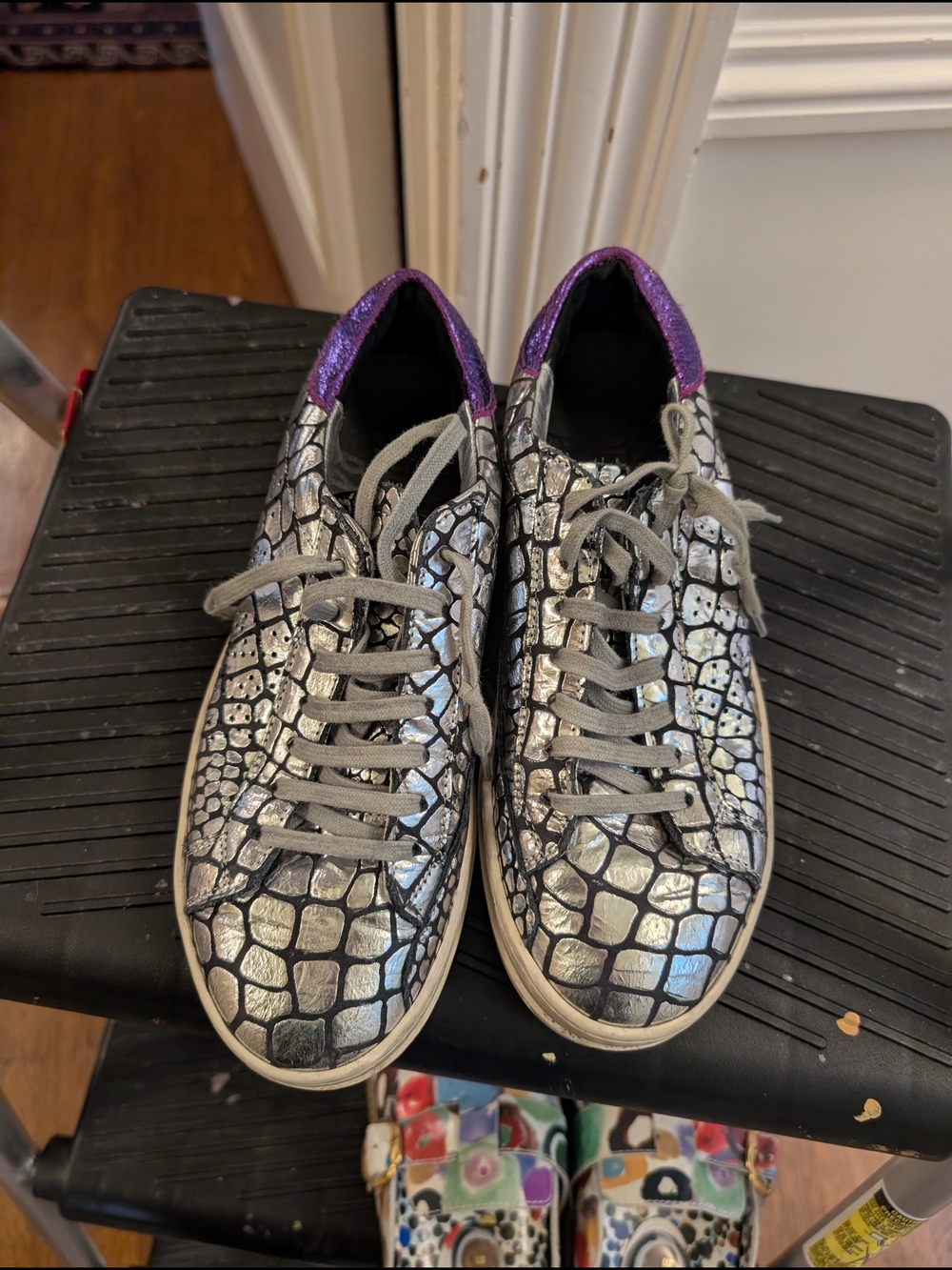 P448 Silver Croc-Embossed Lace-Up Sneakers with  Trim